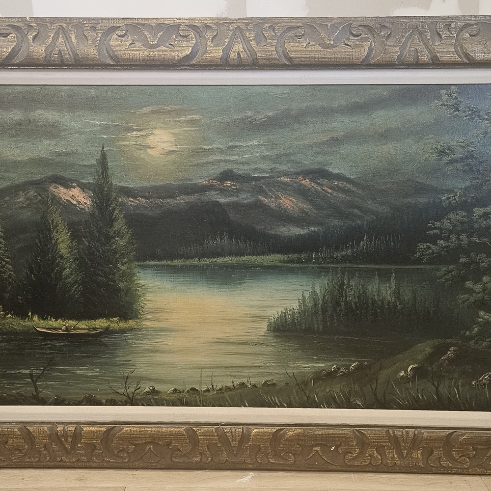 Vintage Joseph Collazzi Oil Canvas Painting, Artist Signed, Scenic Mountain Lake